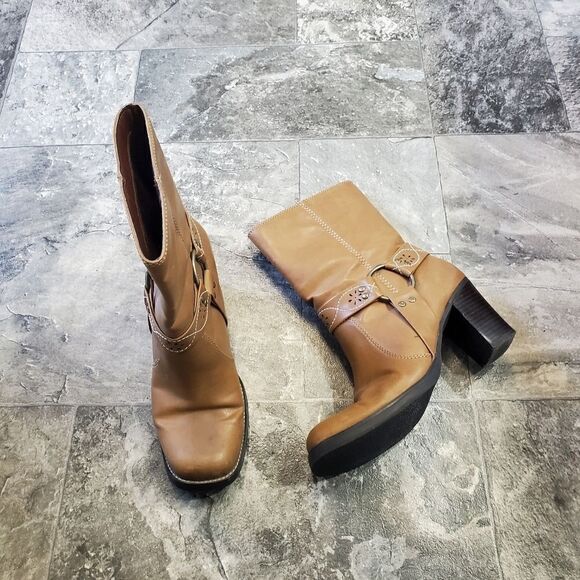 Vintage 90s y2k Bratz Camel Tan Faux Vegan Leather Chunky Heel Square Toe Boots - Picture 1 of 9